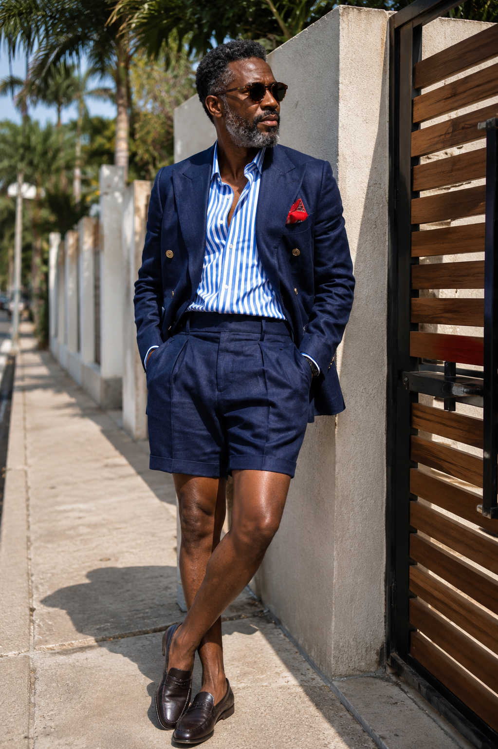Navy linen double-breasted suit with striped shirt