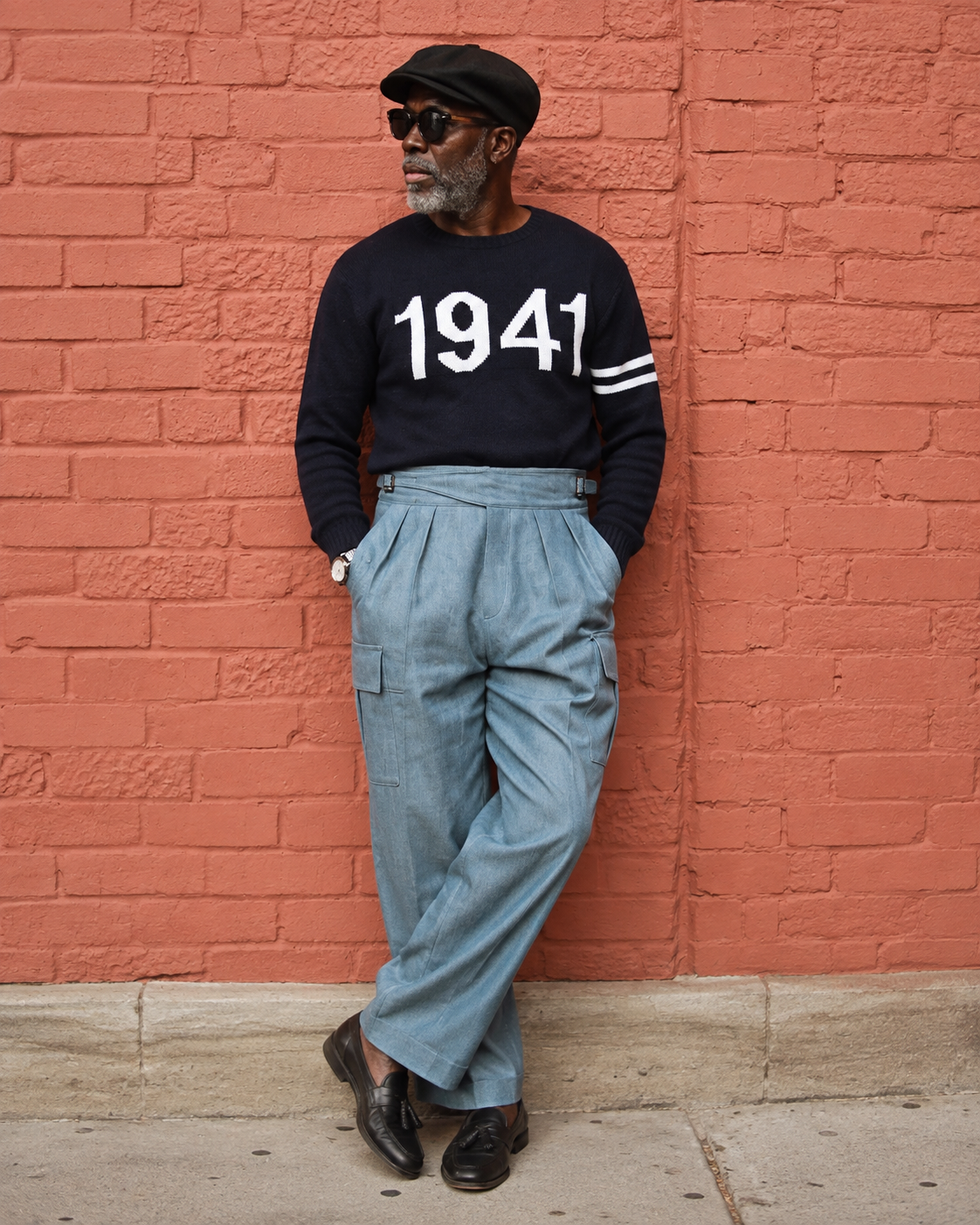 Navy knit with pleated chambray cargo trousers
