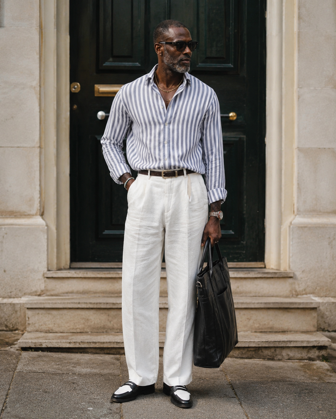 Striped shirt with wide-leg ivory linen trousers